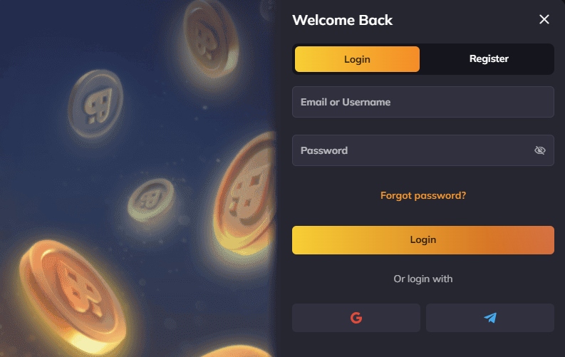 VegaStars login form — Welcome Back login screen